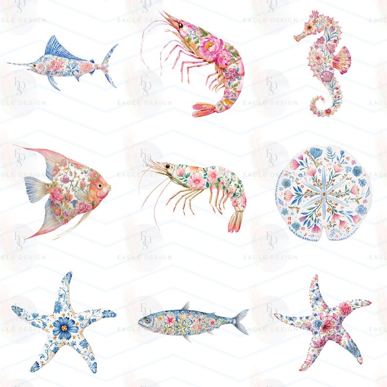 Floral Sea Life Clipart Bundle, Coastal Watercolor Ocean Animals PNG, Nautical Floral Clipart, Jellyfish Crab Lobster Fish Shells, 117 PNG image 7