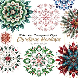60 PNG MANDALA - Mandala di Natale - clip art (uso commerciale, digitale trasparente, diario spazzatura, inviti, biglietti, stampe) Vector Design
