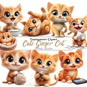 Bundle de cliparts chat mignon gingembre, chat mignon PNG, graphiques de chaton, bébés animaux heureux, animal de dessin animé imprimable, chambre d'enfant, numérique