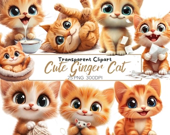 Cute Ginger CAT Clipart Bundle, Cute Cat PNG, Kitten Graphics, Happy Baby Animals, Printable Cartoon Animal, Nursery, Digital