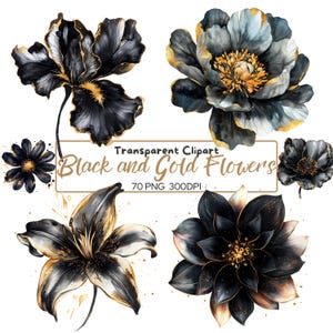 70 PNG BLACK and Gold Single FLOWERS clip arts (300 dpi, commercieel gebruik, bundel, digitaal, aquarel, alcoholinkt) gouden omtrek