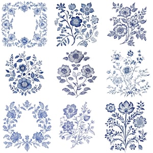 May include: Nine detailed blue floral designs on a white background. The illustrations include various flower arrangements, wreaths, and bouquets. Each design showcases intricate line work and shading, creating a classic, elegant aesthetic. The flowers and leaves are in shades of blue.