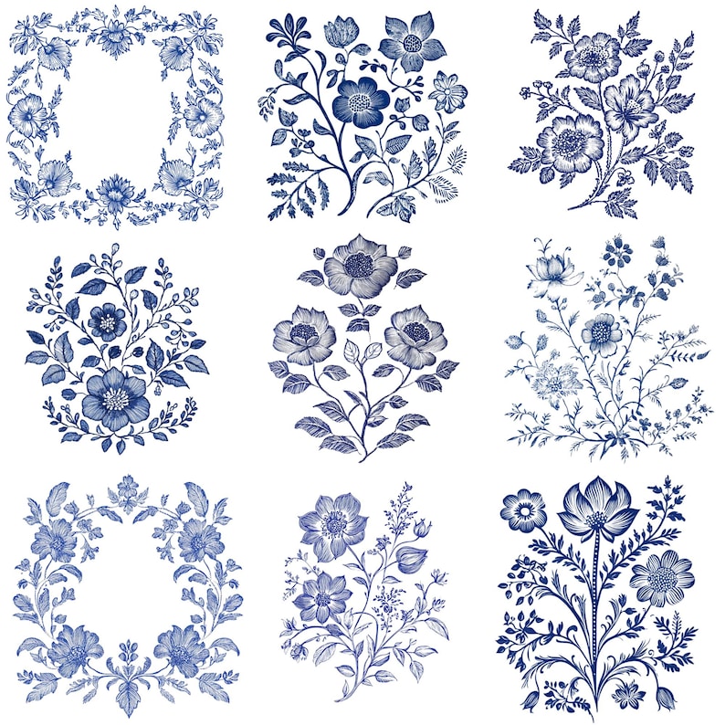 May include: Nine detailed blue floral designs on a white background. The illustrations include various flower arrangements, wreaths, and bouquets. Each design showcases intricate line work and shading, creating a classic, elegant aesthetic. The flowers and leaves are in shades of blue.