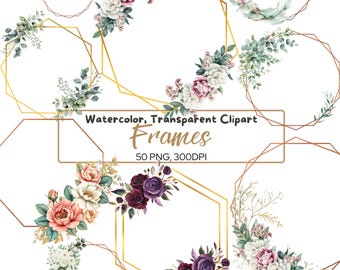 50 PNG Greenery Floral FRAMES, clipart, Transparent golden frames, branches, eucalyptus, hexagon frame sublimation, foliage, green border