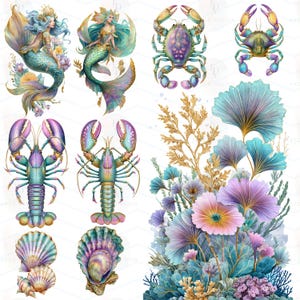 May include: Watercolor illustrations of mermaids, crabs, lobsters, seashells, and aquatic plants in pastel colors. The mermaids have flowing hair and crowns. The crabs and lobsters have detailed claws. The seashells are iridescent. The plants include coral and flowers.