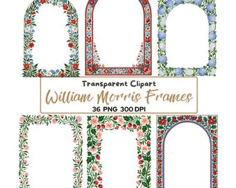 36 PNG William Morris Inspired Floral Frames PNG Bundle, Vintage Botanical Frames, Ornate Flower Borders, Printable Clipart, Transparent