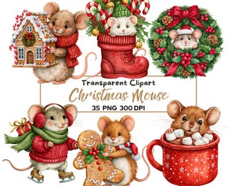 Christmas Mouse Clipart Bundle, Cute Christmas Mice PNG, Watercolor Holiday Animals, Santa Mouse Clip Art, Winter Sublimation PNG