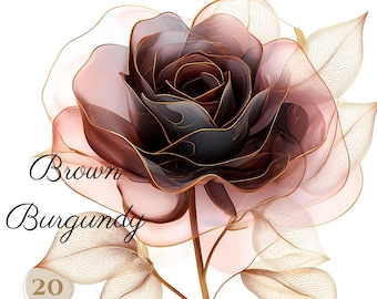 20 PNG BRUINE en gouden ROZEN-illustraties (300 dpi, commercieel gebruik, bundel, digitaal, aquarel, alcoholinkt) gouden omtrek, bloemen, bloemen