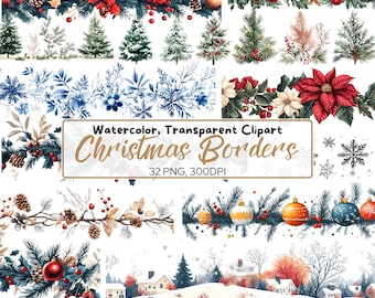 32 PNG Christmas BORDER clipart – Festive Holiday Borders with Transparent Background for Cards, Invitations & Crafts, Christmas ornaments