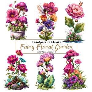 32 cliparts de jardin féerique | Jardin floral fantastique | Champignons du jardin | Fées des jardins magiques | Image clipart sublimation imprimable