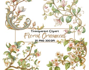 35 imágenes PNG de adornos florales barrocos, pergaminos botánicos rococó vintage, elegantes adornos florales, elementos decorativos ornamentados de flor de saúco.