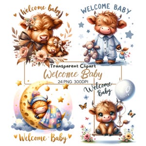 24 PNG Willkommen Baby Clipart, Kinderzimmer Dekor, süße Kuh, digitaler Download, Baby Highlands Kuh, Babyparty, Digitaldrucke, kommerzielle Nutzung
