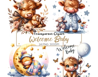 24 PNG Welcome Baby Clipart, Nursery Decor, Cute Cow, Digital download, Baby Highlands Cow, Baby Shower, Digital Prints, Commercial Use