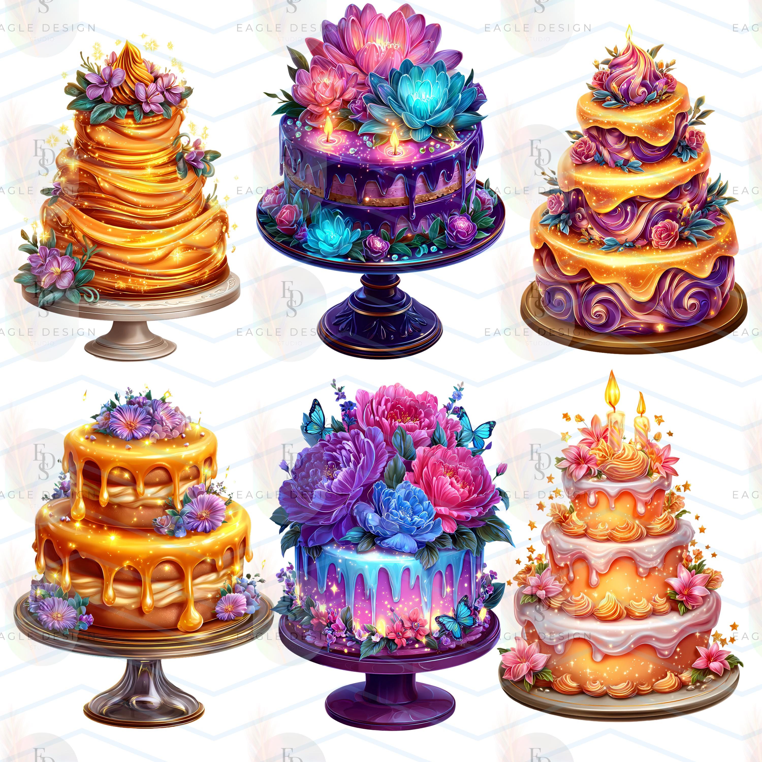 Ethereal Glowing Cake Clipart Bundle: Watercolor Birthday Cakes (30 PNG ...