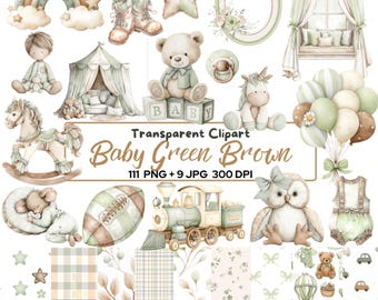 120 Watercolor Gentleman Atelier Clipart, Olive Green - Brown Baby Boy Clipart, Plush Toys PNG, Nursery Clipart, Baby Shower Clipart
