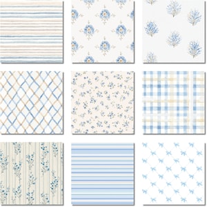 May include: Nine square images showcasing various watercolor patterns. Designs include blue and beige stripes, floral arrangements, trellis, gingham, and bow motifs. The patterns are suitable for wallpaper or fabric.