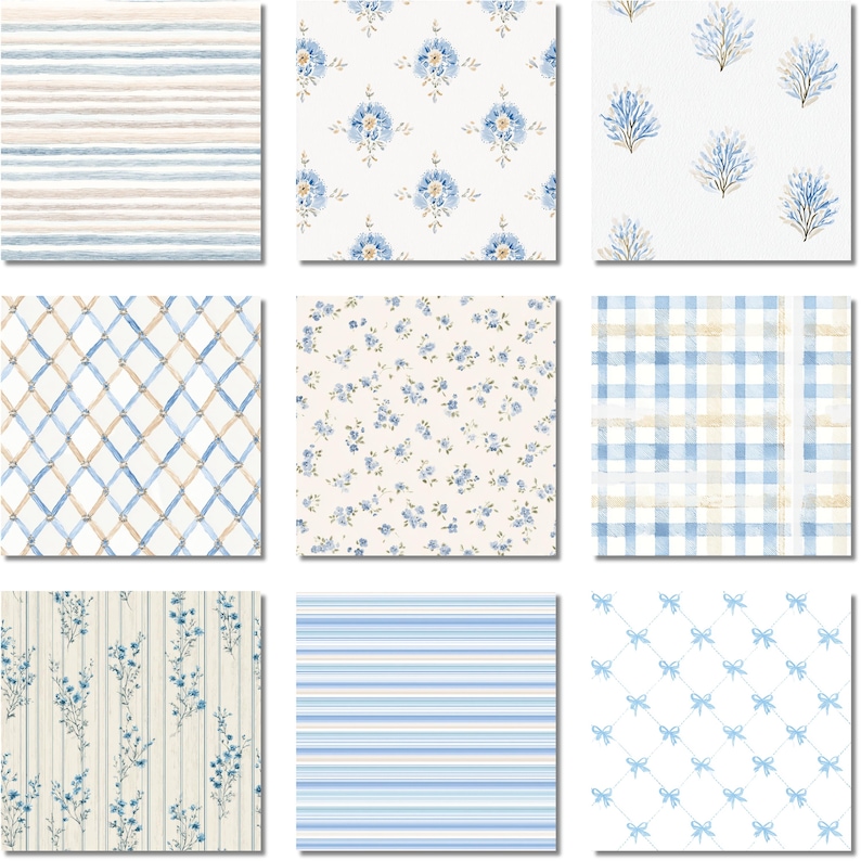 May include: Nine square images showcasing various watercolor patterns. Designs include blue and beige stripes, floral arrangements, trellis, gingham, and bow motifs. The patterns are suitable for wallpaper or fabric.