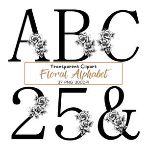 Paquete de 37 tarjetas PNG con letras, números y alfabetos florales negros, uso comercial, descarga digital (300 ppp), iniciales