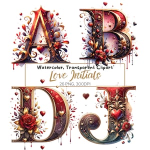 Pacote de letras iniciais LOVE, clipart de cartão, clipart de letras do alfabeto inglês, uso comercial, iniciais, letras de coração vermelho, decoração floral