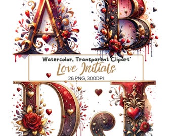 LOVE Initial Letters Bundle Card Clipart, English Alphabet Letters Clipart, Commercial Use, Initials, Red Heart Letters, decor floral