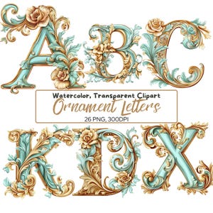 26 PNG, clipart de cartão com letras iluminadas, clipart de letras florais do alfabeto inglês, uso comercial, download digital (300 dpi)