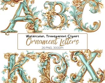 26 PNG, Illuminated Letters Bundle Card Clipart, English Alphabet Floral Letters Clipart, Commercial Use, Digital Download (300 dpi)