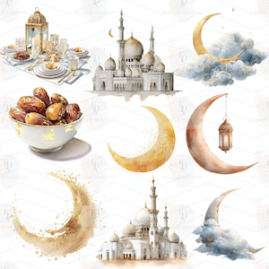 Puede incluir: Ilustraciones en acuarela que representan una mezquita, medias lunas y una mesa con d&aacute;tiles. Las im&aacute;genes tienen un estilo art&iacute;stico suave con detalles dorados y un fondo blanco. El tema probablemente est&eacute; relacionado con el Ramad&aacute;n o las celebraciones isl&aacute;micas.