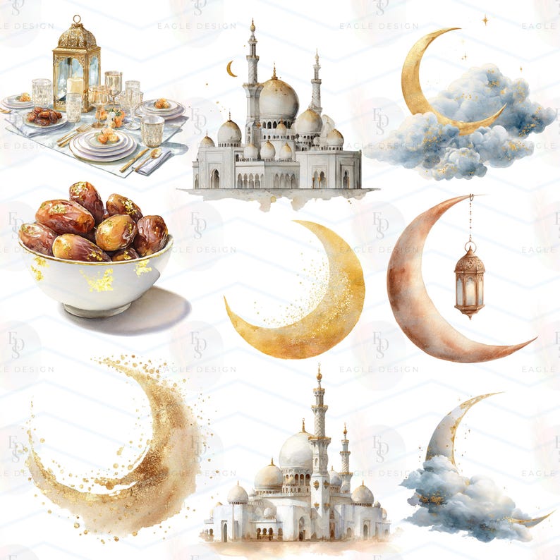 Puede incluir: Ilustraciones en acuarela que representan una mezquita, medias lunas y una mesa con d&aacute;tiles. Las im&aacute;genes tienen un estilo art&iacute;stico suave con detalles dorados y un fondo blanco. El tema probablemente est&eacute; relacionado con el Ramad&aacute;n o las celebraciones isl&aacute;micas.