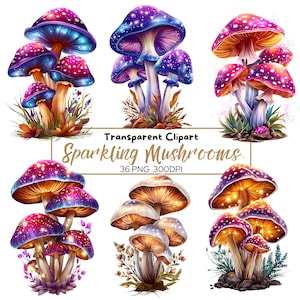 Champignons lunatiques et pétillants PNG | 36 PNG transparents champignons vénéneux aquarelles | Illustration fantastique de champignons pour la sublimation et l'artisanat