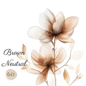 60 PNG BROWN Neutro Bege Aquarela FLORES clip arts (300 dpi, uso comercial, pacote, digital, aquarela, tinta de álcool) contorno dourado