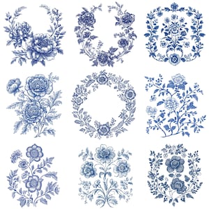 May include: Nine blue and white floral designs are arranged on a white background. The designs include wreaths, bouquets, and individual floral arrangements. The flowers are detailed with intricate line work, creating a classic, vintage aesthetic. The color palette is limited to shades of blue and white.