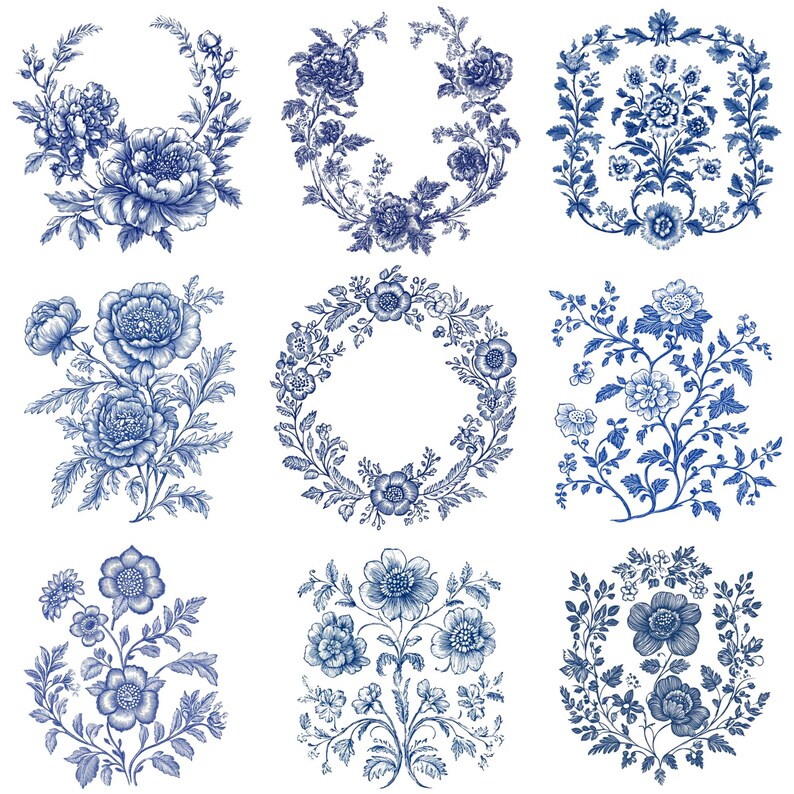 May include: Nine blue and white floral designs are arranged on a white background. The designs include wreaths, bouquets, and individual floral arrangements. The flowers are detailed with intricate line work, creating a classic, vintage aesthetic. The color palette is limited to shades of blue and white.