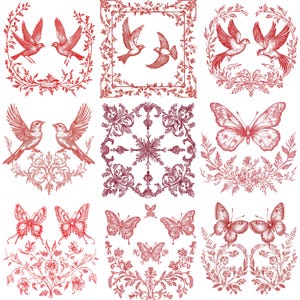 May include: A set of nine vintage-style illustrations featuring butterflies, birds, and floral designs. The illustrations are in shades of red and white and have a delicate, intricate style.