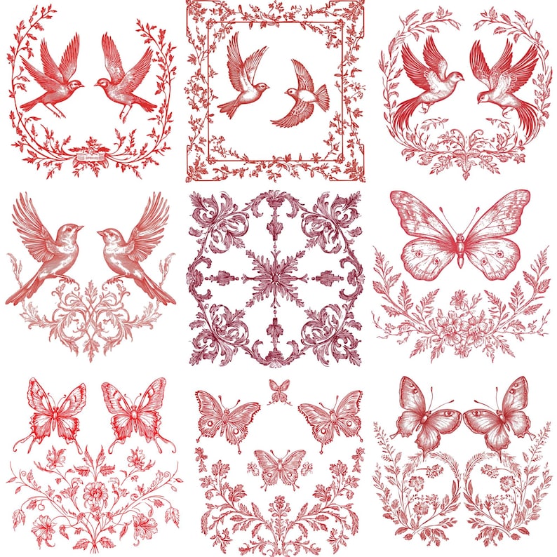 May include: A set of nine vintage-style illustrations featuring butterflies, birds, and floral designs. The illustrations are in shades of red and white and have a delicate, intricate style.