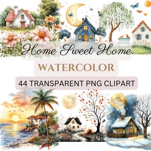 HOME Sweet Home clip arts, casa, chalé, árvores, lagoa, lago, neve, sol (300 dpi, uso comercial, pacote, download digital, diário de lixo)