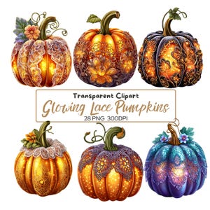 Può includere: Sei zucche decorative con motivi in pizzo e un effetto luminoso nei toni dell'arancione, del viola e del blu. L'immagine include il testo "Transparent Clipart Glowing Lace Pumpkins". Ogni zucca ha un gambo verde.