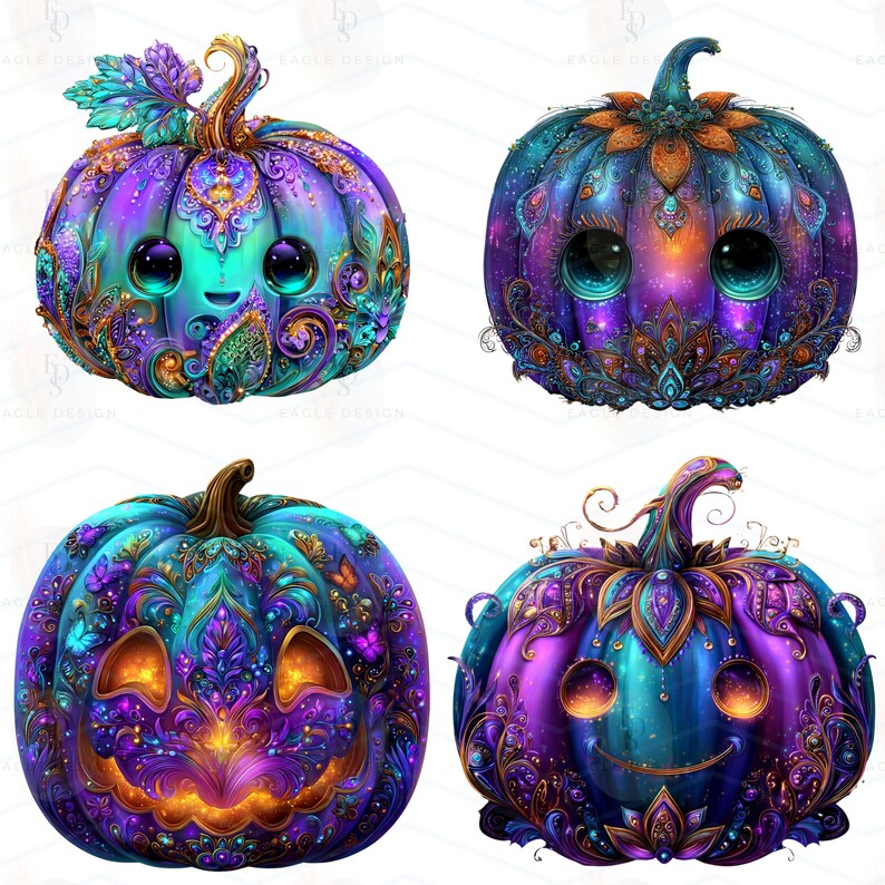 Op de afbeelding: Vier digitaal gecre&euml;erde pompoenen in tinten van teal, paars en goud. Elke pompoen heeft een uniek ontwerp met ingewikkelde patronen en gezichten. Een fantasierijke kijk op Halloween-decoratie.