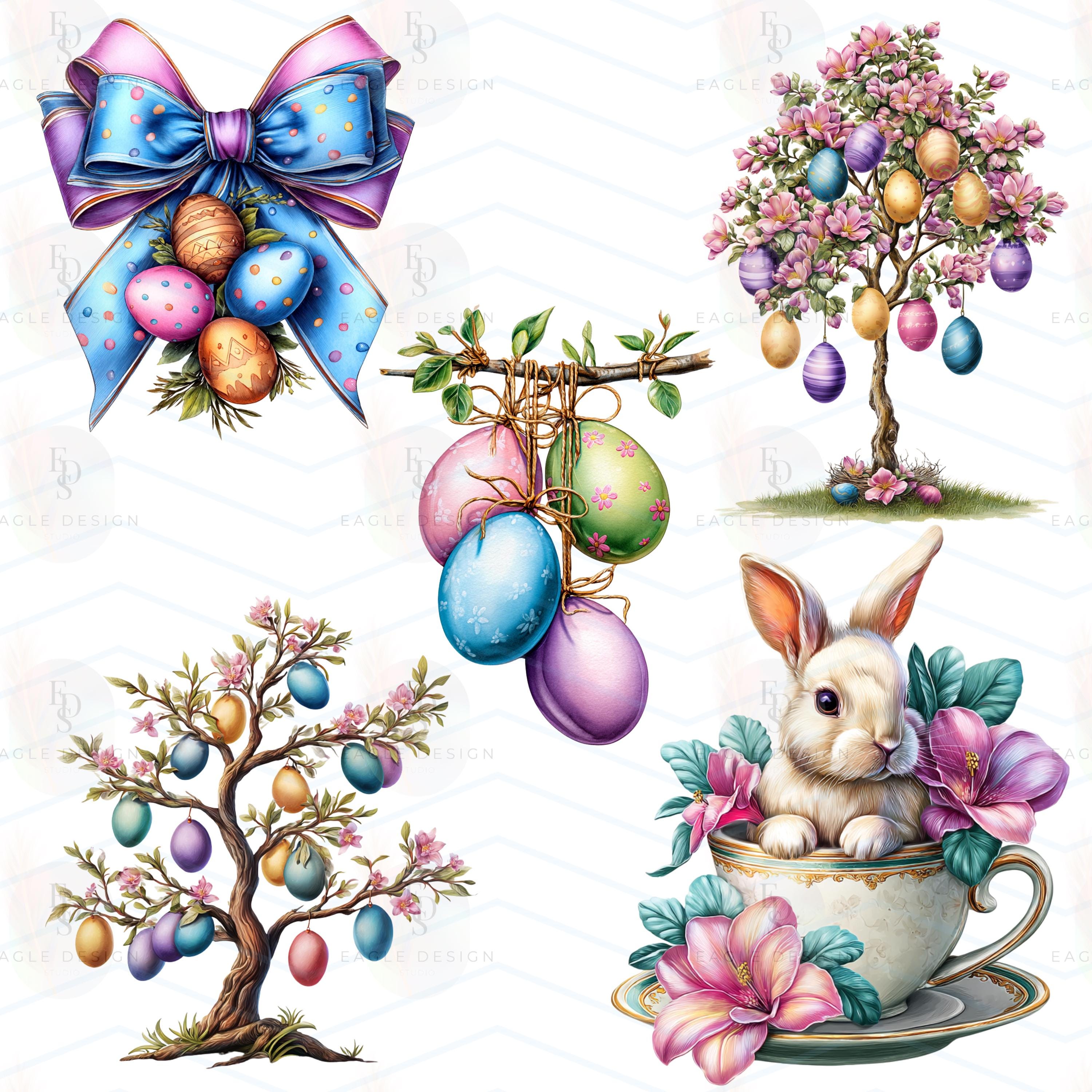 Easter Clipart Bundle PNG, Watercolor Bunny Eggs Floral Graphics ...