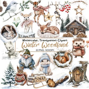 Winter Woodland Watercolor Clipart Set – 61 PNG | Wild Animals, Snow Trees, Cottage House, Sleigh, Troll, Snowdrop, Rustic Winter Decor