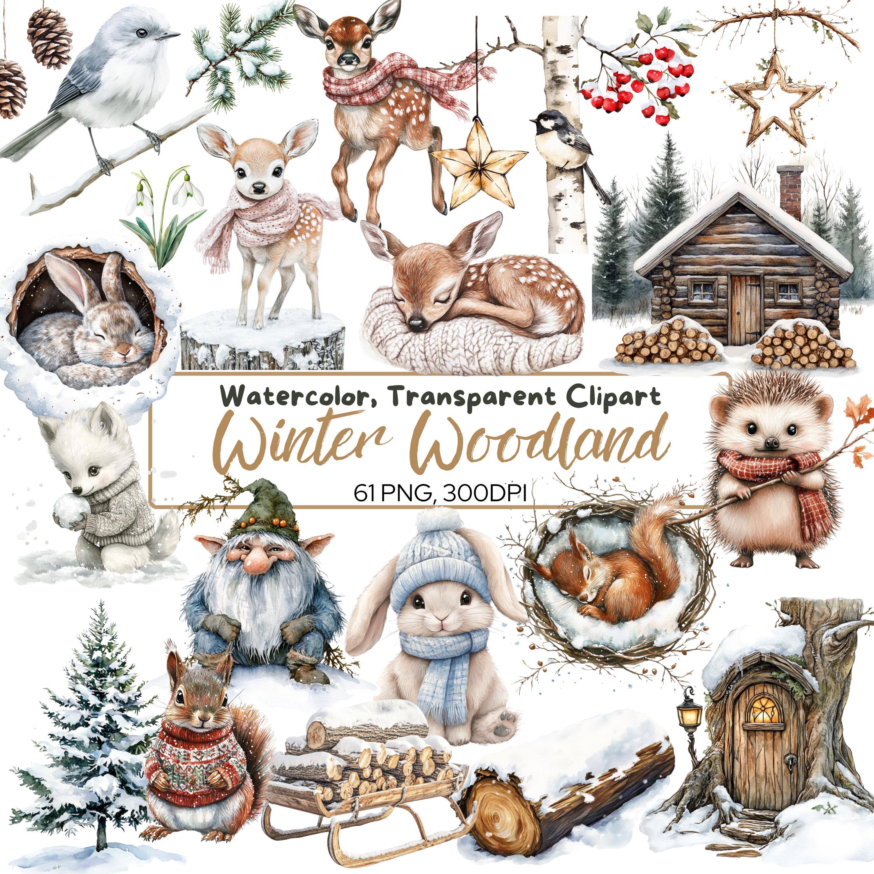 Winter Woodland Watercolor Clipart Set – 61 PNG | Wild Animals, Snow Trees, Cottage House, Sleigh, Troll, Snowdrop, Rustic Winter Decor