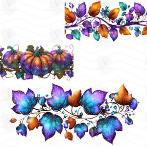Op de afbeelding: Digitale kunst met drie pompoenen met een galaxy-achtig ontwerp in paars, oranje en blauw. De pompoenen zijn verbonden door een bruine wijnstok met groene en paarse bladeren. Extra afbeeldingen tonen decoratieve blad- en wijnstokontwerpen.