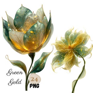 24 PNG Fantasy GREEN Gold Flower Clipart Bundle | Floral Elements Botanical Graphics | Floral Art for Sublimation Design, Glowing Flower
