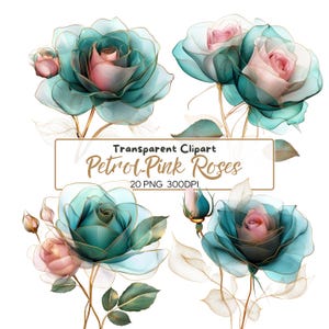 20 PNG PETROL i Pink ROSES clip arts (300 dpi, do użytku komercyjnego, pakiet, cyfrowy, akwarela, tusz alkoholowy) złoty kontur, kwiaty, kwiatowy