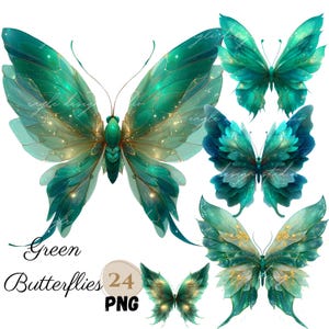 Bundle de clipart 24 papillons éthérés PNG, mignon papillon vert fantaisiste Illustration Design, fées papillons, papillon vert scintillant
