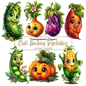 45 PNG VERDURAS Lindas imágenes prediseñadas sonrientes / Verduras con ilustraciones de cara, tomate, jengibre, maíz, calabaza, patata, pepino, ajo, brócoli