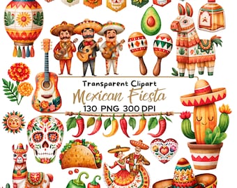 130 PNG Fiesta Mexicana Clipart Bundle PNG, Acuarela Fiesta Clipart, Cinco De Mayo Clipart, Taco Clipart, Cactus Clipart, Sombrero PNG
