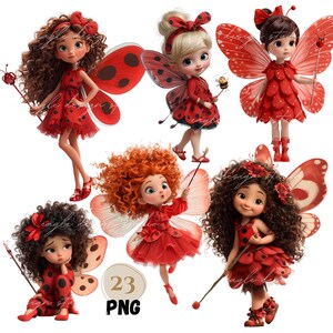 Clipart di fata coccinella, graziose bambine fatine con ali da coccinella, PNG di ragazza insetto rosso, clipart di fata insetto dei cartoni animati, 23 file PNG per uso commerciale