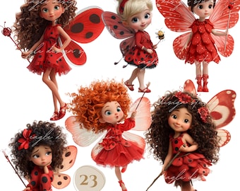 Ladybug Fairy Clipart, Cute Little Fairy Girls with Ladybug Wings, Red Bug Girl PNG, Cartoon Bug Fairy Clip Art, 23 PNG Files Commercial Use