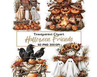 Halloween Friends Clipart Bundle | 60 PNG Halloween Clipart | Cute Ghosts Pumpkins Crows Scarecrow Autumn PNG | Sublimation