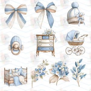 May include: Watercolor illustrations of baby-themed items in shades of blue and beige. The image includes bows, a pacifier, a dresser, a stroller, a crib, and floral arrangements. The style is soft and delicate, perfect for nursery decor.